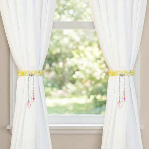 Magnetic Curtain Tiebacks, 2 Pack Colorful Crystal Curtain Drapery Holdbacks, Boho Curtain Ties for Home Office Decorative (Yellow) - color: Yellow