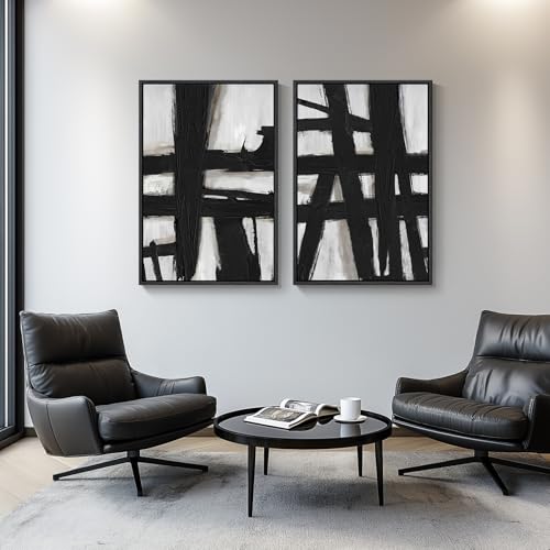 Large Framed Black White Abstract Wall Art for Living Room Set of 2, 24x36 - color: Black Strokes, size: 24" W x 36" H x 2Pcs