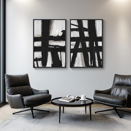 Large Framed Black White Abstract Wall Art for Living Room Set of 2, 24x36 - color: Black Strokes, size: 24" W x 36" H x 2Pcs