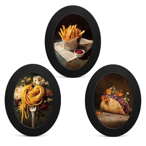 3Pcs Vintage Food Kitchen Small Oval Wall Art Framed Canvas Prints Decor | Floral Pasta Fries Taco Still Life Hanging Wall Decor for Home Kitchen Dining Room Food Art - color: color-D