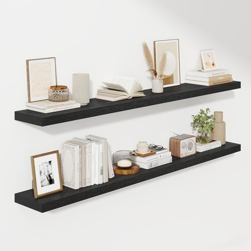 Fun Memories 66 Inch Fireplace Mantel Shelf with Invisible Bracket, 8 Inch Deep Floating Shelf for Living Room, Kitchen, Farmhouse, Black (2-Pack) - color: Black, size: 67"L x 8"D