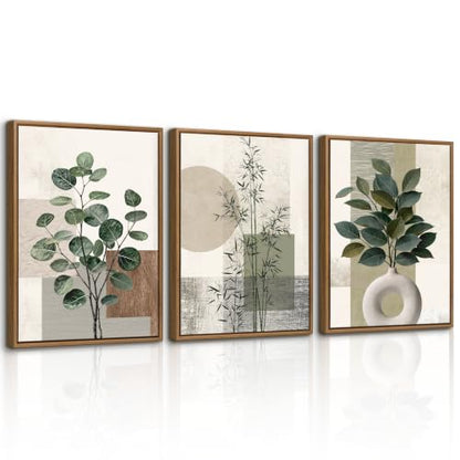 3 Pcs Framed Sage Green Boho Botanical Neutral Abstract Canvas Wall Art - color: Eucalyptus Bamboo Plant, size: 12"x16"x3Pcs