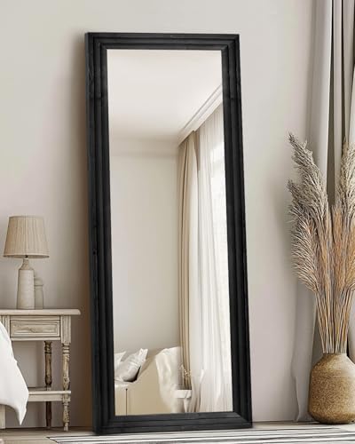 65x22in Full Length Mirror, 3-Tier Stepped Solid Wood Frame, Black - color: Black, size: 65"L x 22"W