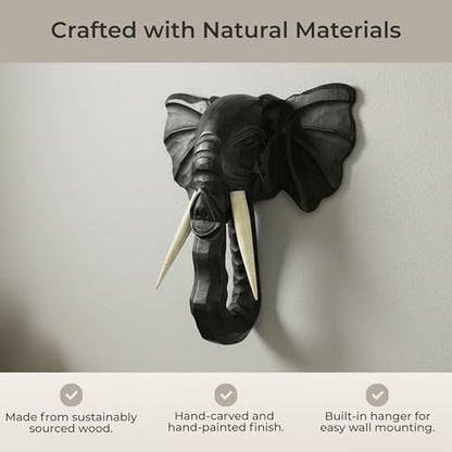 Zeckos Elephant Head Wall Sculpture, 12 Inch Hand-Carved Black Wood
