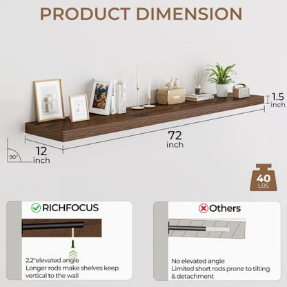 RICHFOCUS 72Inch Floating Shelves for Wall 2Pack|Walnut|12" Deep