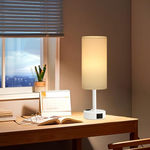 Fenmzee White Bedside Lamp for Bedroom, Dimmable Touch, USB A+C, AC Outlet - color: White - White, size: 14"
