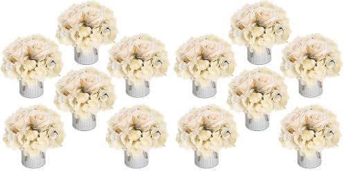 Flower Table Centerpieces - Set of 6 Floral Arrangement Artificial Wedding Hydrangeas Floral Arrangement with Rustic Metal Vase for Bridal Tea Party Event Decorations - Champagne (Pack of 2)