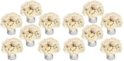 Flower Table Centerpieces - Set of 6 Floral Arrangement Artificial Wedding Hydrangeas Floral Arrangement with Rustic Metal Vase for Bridal Tea Party Event Decorations - Champagne (Pack of 2)
