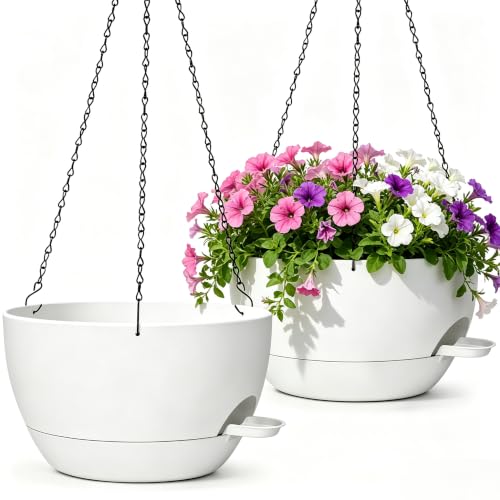 2 Pack 10 Inch Self Watering Hanging Planters for Indoor Plants, Large White Plastic Hanging Pots with Chains for Outdoor Patio Garden Home Decor (White) - color: White, size: 2 pack 10 inches