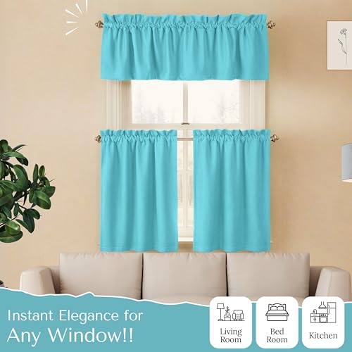 Native Fab Kitchen Window Curtains, 3 Piece Set, Valance 54x18, Tiers 26x36 Inch, Rod Pocket, Semi Sheer, Privacy Tiers with Topper, Durable, Great for Beach House, Bathroom, Dining Area, Ocean Blue - color: Ocean Blue