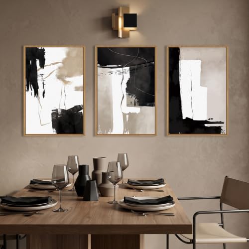 Celestdeco Abstract Black White Brown Framed Canvas Wall Art Set-24"x36"x3 - color: Black and Brown Wall Art, size: 24"L x 36"W