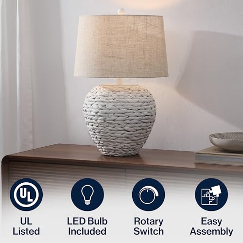JONATHAN Y Alaro Table Lamp Woven Water Hyacinth Basket 24.5", White - color: White