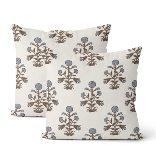 CXMEIFLY Brown Blue Vintage Pillow Covers 18 x 18 Inch Set of 2 Boho Floral Outdoor Decor Throw Pillows Neutral Block Print Flower Linen Farmhouse Decorative Pillowcases for Couch Bed Sofa - color: Brown Blue, size: 18" x 18" (Pack of 2)