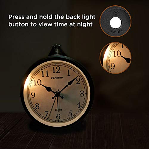 Peakeep 4" Small Battery Operated Analog Alarm Clock, Antique Retro Style - color: Black