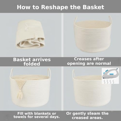 XUANGUO 66L Large Blanket Basket, Round Cotton Rope Basket, White - color: white