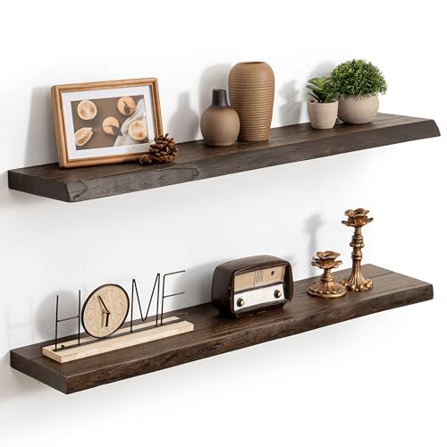 36in Live Edge Solid Elm Floating Shelves, Walnut, Set of 2 - color: Walut Color, size: Live Edge 36 inch, 2Packs