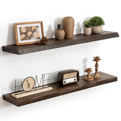 36in Live Edge Solid Elm Floating Shelves, Walnut, Set of 2 - color: Walut Color, size: Live Edge 36 inch, 2Packs