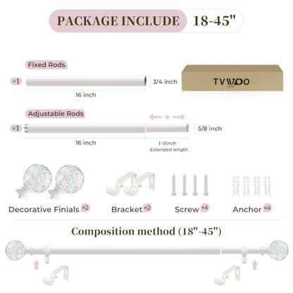 TVWOO White Rainbow Curtain Rods Adjustable Heavy Duty Crystal Ball,18-45" - color: White, size: 18-45" ( 1pack )