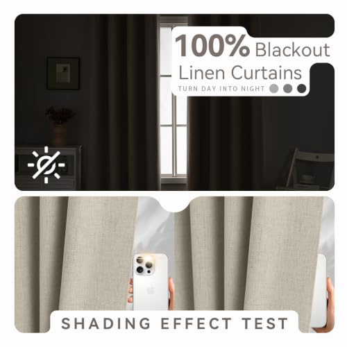 PFAS Free Natural Linen Curtains 96 inch Length 2 Panels Set 100% Blackout Long Drapes for Bedroom Living Room Blackout Darkening Curtain Thermal Insulated (52x96 inch,Natural) - color: Natural, size: 52"W x 96"L (Pack of 2)