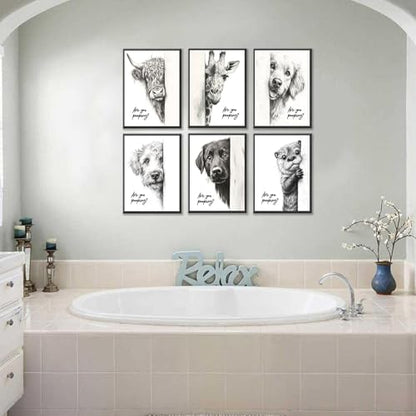 Funny Bathroom Wall Art Set of 6 Black and White Bathroom Posters Unframed - color: Animal Prints