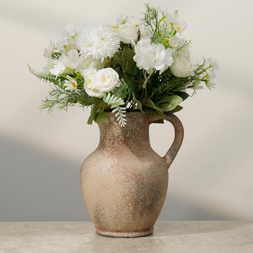 7.8 Inch Tall Vintage Ceramic Flower Vase with Handles,Rustic Farmhouse Vase for Home Decor,Distressed Decorative Terracotta Vase for Table Centerpiece Entryway Living Room Bedroom (004-terracotta) - color: 004-terracotta