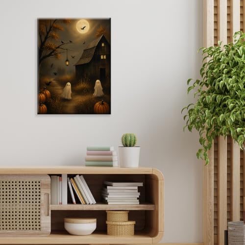 Halloween Wall Art Canvas Print Framed, Ghosts Pumpkins Barn Poster - color: T