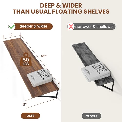 Heimlove 48W x 12D Deep Floating Shelves Set of 2 Walnut - color: Walnut With Black Metal Bracket, size: 48Wx12Dx5.8H