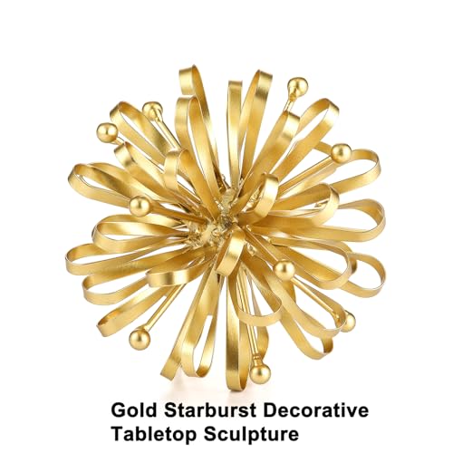 6.7" Gold Metal Starburst Tabletop Sculpture- with Ribbon & Beaded Edges