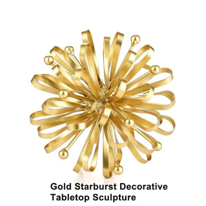 6.7" Gold Metal Starburst Tabletop Sculpture- with Ribbon & Beaded Edges
