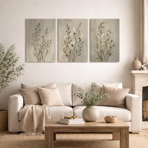 Neutral Wildflower Canvas Wall Art Set of 3, Beige Floral, 12x16 Inch - color: Light green flowers and grass, size: 12x16 inch