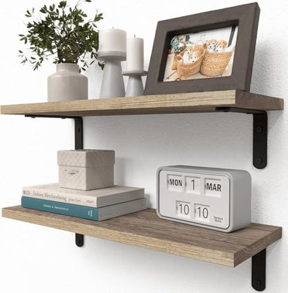 RICHER HOUSE Rustic Wood Floating Shelves, 2-Set Wall Mounted Shelves, 16In - color: Carbonized Black