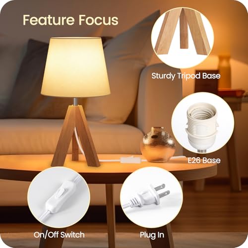 Small Tripod Table Lamp, Modern Nightstand Lamp with Fabric Shade, Boho Bedside Wood Desk Light for Bedroom, Kids Room, Living Room, Office, Study, White, W51TL05 - color: White+Natural Wood