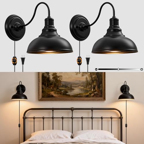 Lightess Plug in Wall Sconces Set of 2, Black Lamp with Cord Dimmer Switch - color: 2 Pack-Black Plug in