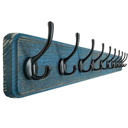 Dseap Coat Rack Wall: 38-1/4" Long, Patented, Heavy-Duty, 10-Double-Hooks Wooden Wall Mounted Coat Rack Coat Hanger Hook Rail for Winter Coats Hat Jacket Clothing, Weathered Blue - color: Weathered Blue & Black, size: L=38.3"(1pcs)