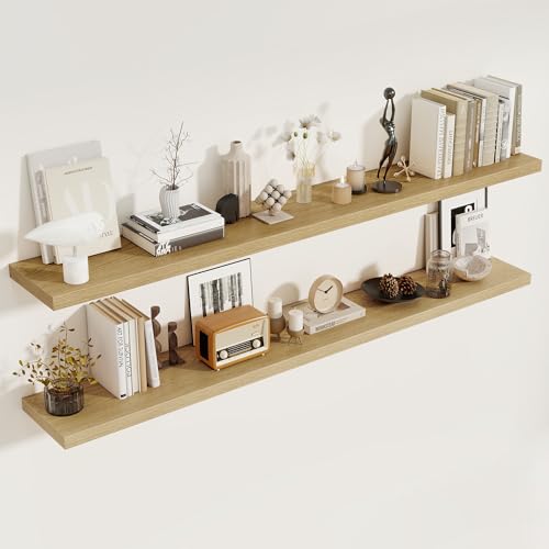 72 Inch Floating Shelves 2 Pack, 8 Inch Deep Floating Shelf Wall Mounted, Large Shelves with Invisible Bracket for Books|Storage, Rustic Wood Wall Shelf for Bedroom, Kitchen, Living Room, Oak - color: Oak, size: 72"W x 8"D