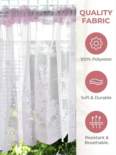 Molaxhome Kitchen Curtains Valance Pink Lace Floral Semi Sheer Curtain - color: Pink, size: 29"W x 24"L (Pack of 1)