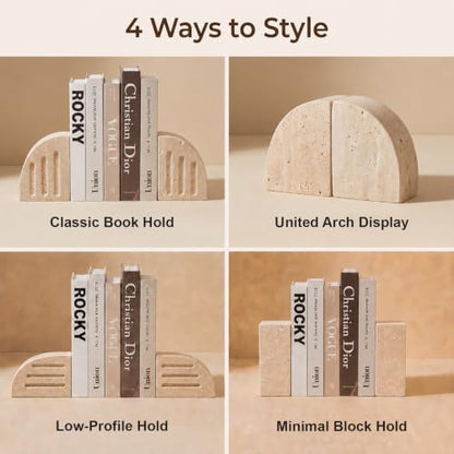 Travertine Book Ends, Decorative Stone Bookends for Shelves, Heavy Bookends - size: Vertical stripes
