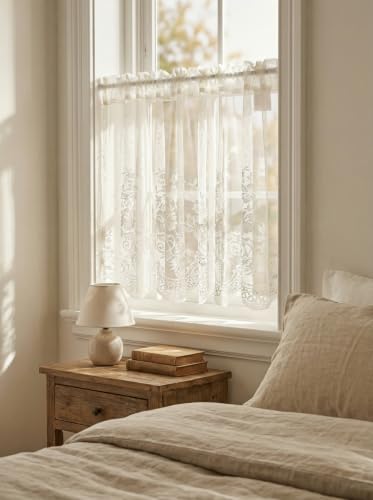 Molaxhome Kitchen Curtains Valance Beige Lace Floral Semi Sheer Curtain - color: Beige, size: 54"W x 24"L (Pack of 1)