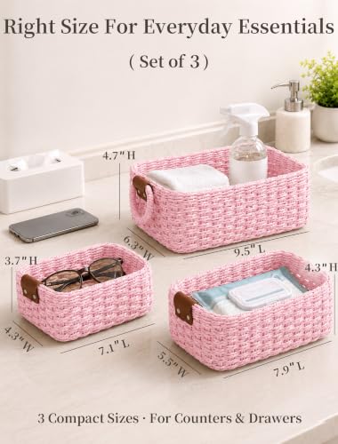 Small Wicker Baskets, 3 PCS Paper Rope Baskets for Shelves, Pink - color: Pink