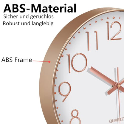 Modern Silent Wall Clock - 12 Inch Wall Clocks Battery Operated Large Number, Non-Ticking Analog Clock with Tempered Glass Quartz Clocks for Living Room Bedroom Office Kitchen, Rose Gold - color: Rose Gold, size: 12 Inch