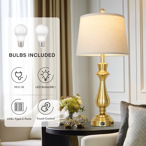 Cinkeda Touch Lamps for Night Stands Set of 2-29.5" Tall Bedside Lamp with USB C+A, 3 Way Dimmable Bedroom Lamps, Gold Metal Table Lamps for Living Room - color: Gold