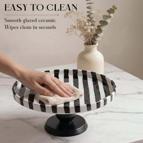 Pedestal Ceramic Fruit Bowl 7.3" Black Striped Decorative Bowl Modern Serving Tray for Kitchen Counter, Bread Fruit Salad Dessert Display Trays, Chic Key Holder for Entry Table Home Decor