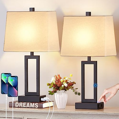 23.5" Touch Control Table Lamps Set of 2, Bedside Lamp with 2 USB Ports & AC Outlet, 3-Way Dimmable Nightstand Lamp with White Linen Shade for Living Room Bedroom End Table Office(2 LED Bulb Included) - color: White - 23.5"H