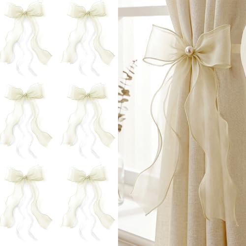 White Lace Bow Curtain Tiebacks 6-Pack, Vine Floral Curtain Holdbacks - color: Creamy Ivory