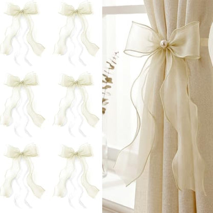 White Lace Bow Curtain Tiebacks 6-Pack, Vine Floral Curtain Holdbacks - color: Creamy Ivory