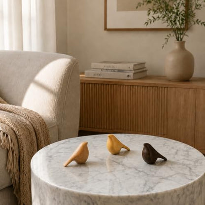 Natural Wood Bird Trio 4.1”L Set of 3 – Small Bird Sculptures & Animal Statues, Hand-Finished Modern Coffee Table Shelf Decor, Gift-Ready (3, Mixed)