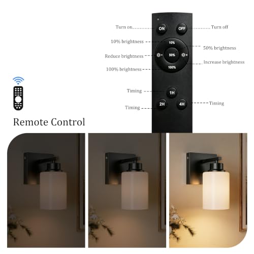 Wireless Battery Operated Wall Sconce Set of Two, Modern White Glass, Black | Dimmable, Easy Install Rechargeable Wall Lights with Timer Remote for Living Room Bedroom, Emergency 3000K - color: Black(White Lampshades)