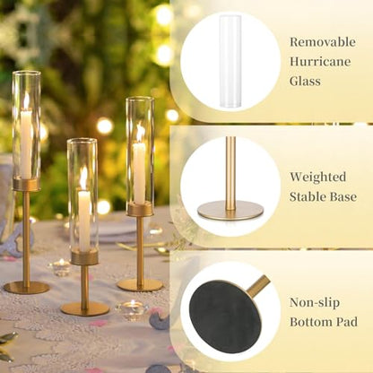 Hewory Gold Candlestick Holders: 3PCS Glass Hurricane with Brass Base - color: Matte Gold, size: 3pcs