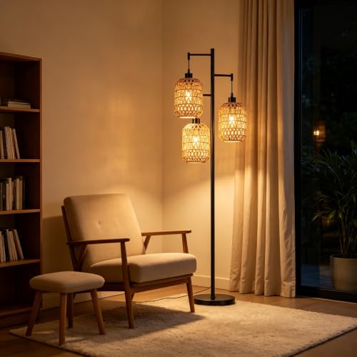 QIYIZM Floor Lamp for Living Room,Bedroom,Boho Rattan Tree 3 Lights Farmhouse Floor Lights,Industrial Black Standing Lamp Wicker Rustic Tall Lamp,Woven Bamboo LampShade Floor Lamps Bohemian - size: Floor Lamp--17