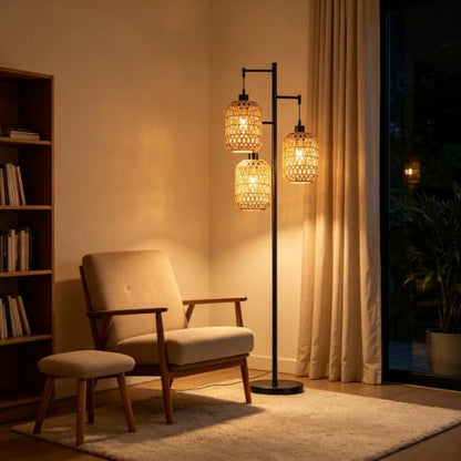 QIYIZM Floor Lamp for Living Room,Bedroom,Boho Rattan Tree 3 Lights Farmhouse Floor Lights,Industrial Black Standing Lamp Wicker Rustic Tall Lamp,Woven Bamboo LampShade Floor Lamps Bohemian - size: Floor Lamp--17